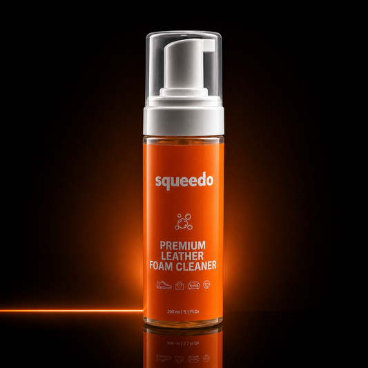Squeedo Premium Leather Foam Cleaner bottle, cleans and conditions leather
