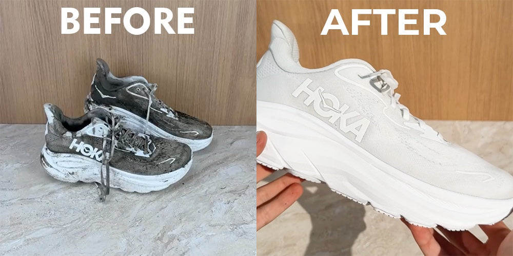 Înainte și după curățarea unei perechi de sneakerși cu kitul profesional Squeedo